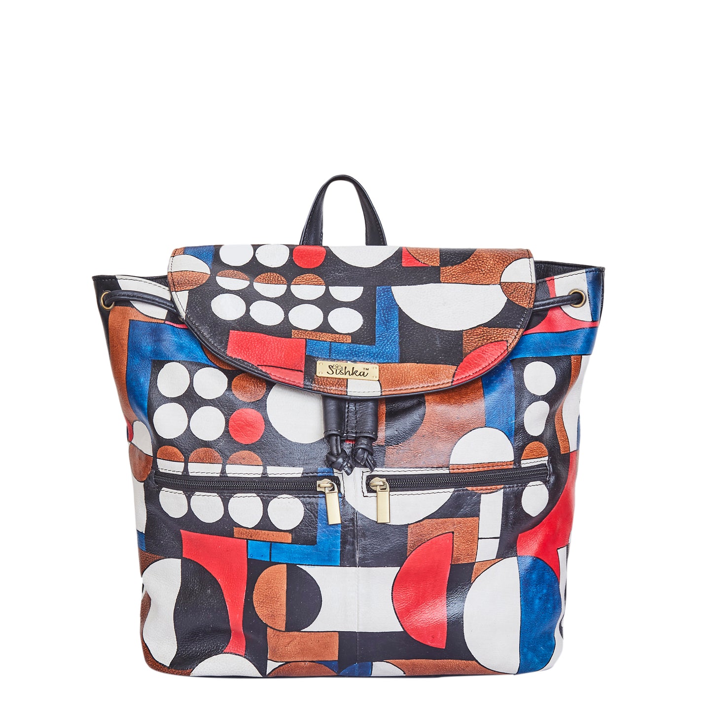 Vibrant Polka Dot Leather Backpack with Drawstring and Flap Closing